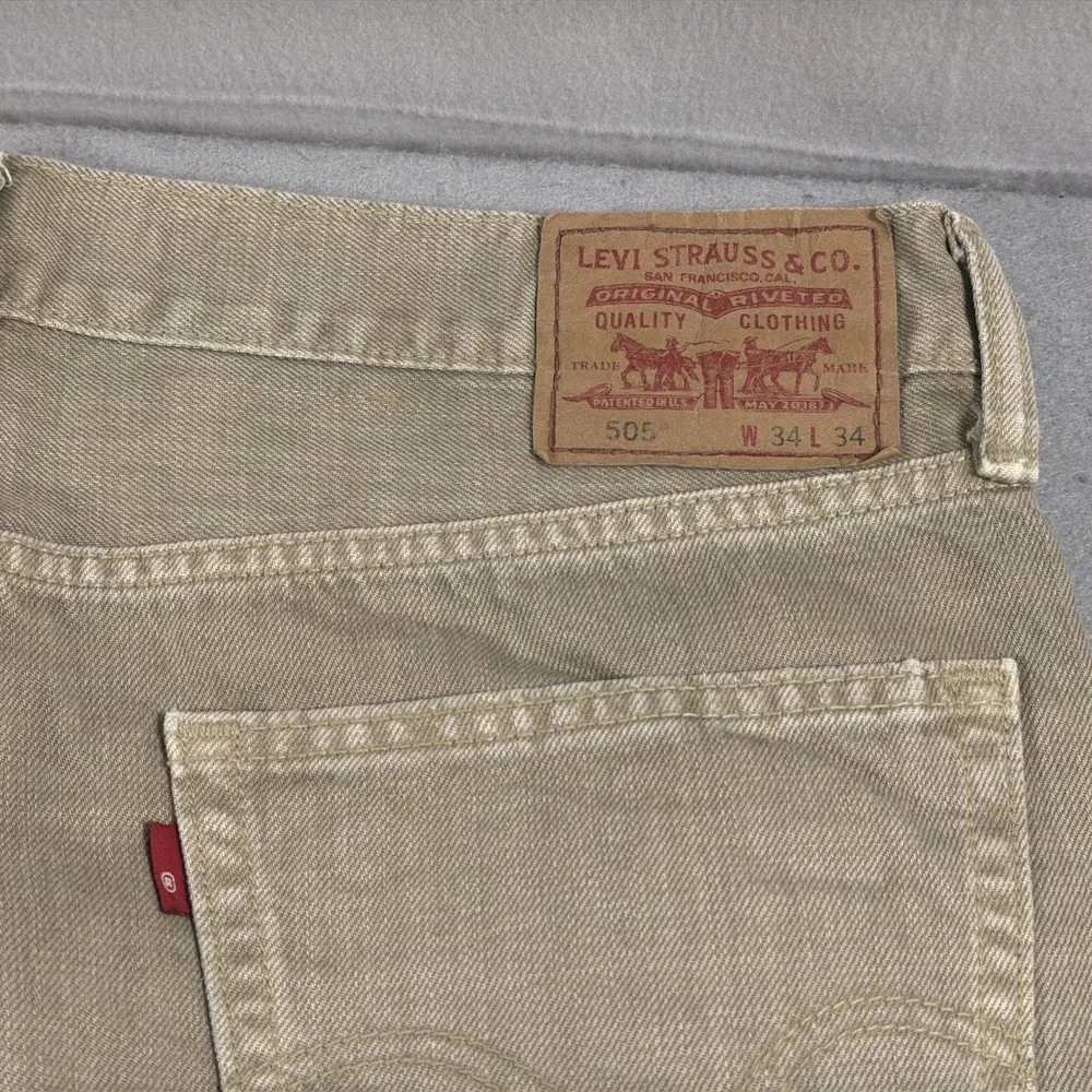 Vintage Levis 505 Jeans Mens 34x34 Beige Light Wash Straight Regular Fit Denim